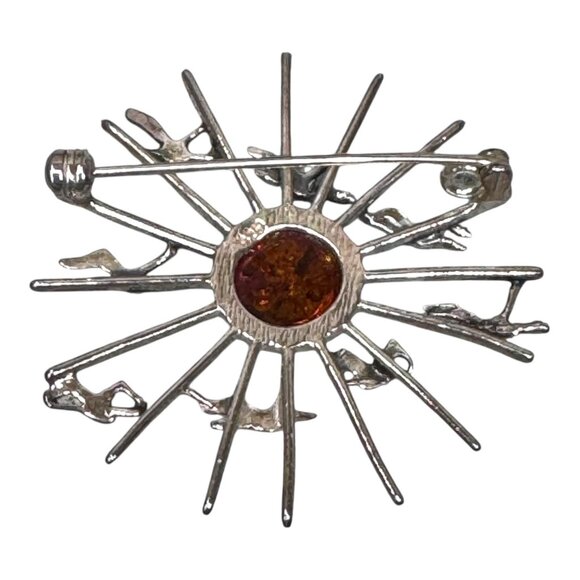 Mid Century Modern Sterling Silver & Amber Brooch Pin Sunburst Cranes Birds VTG - Picture 2 of 6